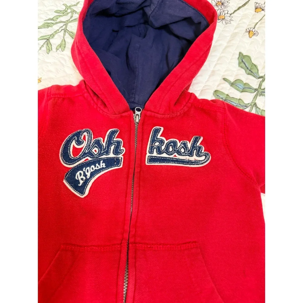 OshKosh Zip Up Hoodie 24M Red Logo Patch Cotton Blend Fleece